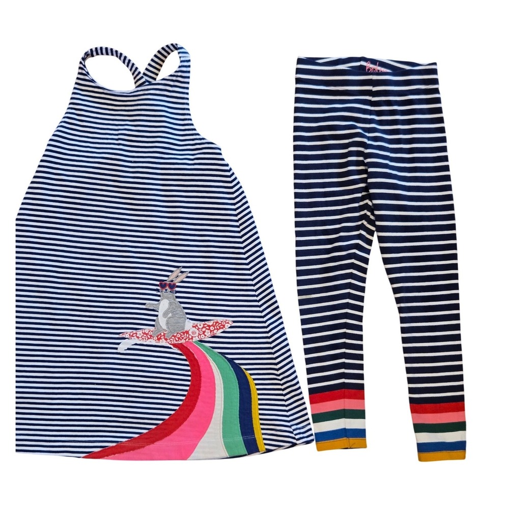 Mini Boden Girls 7-8Y Navy Stripe Surfing Bunny Rainbow Tunic Dress Leggings Set